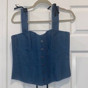 Blue Denim-Style Corset Crop Top with Tie Straps